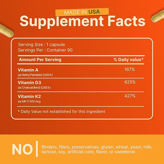 INVITA ADK Vitamin Supplement – 90 Capsules – High Potency of Vitamin A D3 5000 IU &amp K2-MK7 – Physician Formulated for Bone Heart &amp Immune Support – Non-GMO Gluten Free (3-Month Supply)