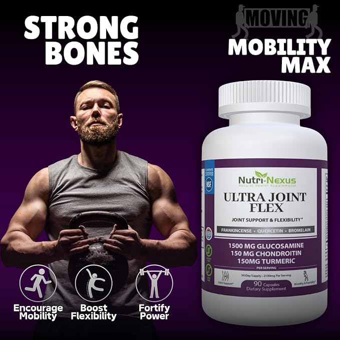 Joint Support Supplement with Glucosamine Chondroitin MSM Turmeric Boswellia - for Men and Women - Promotes Mobility Flexibility and Comfort - Made in USA - 90 Capsules
