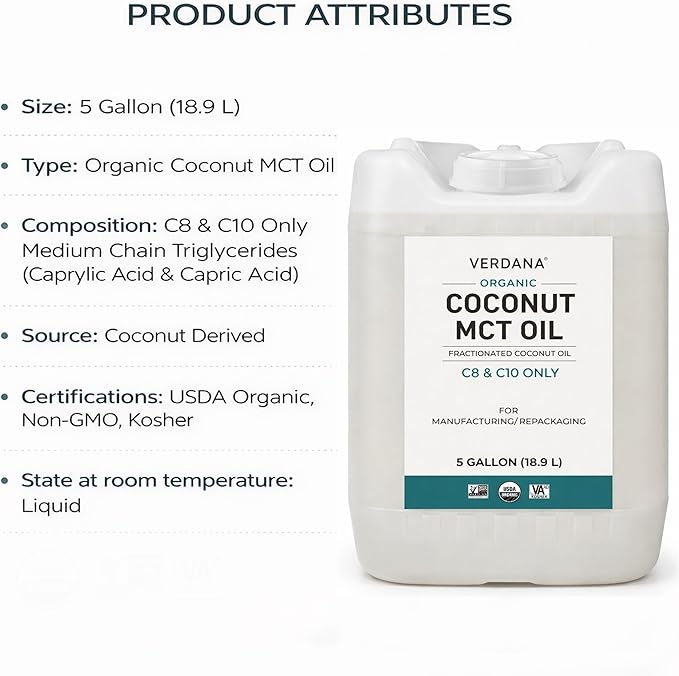 Verdana USDA Organic Coconut MCT Oil 5 Gallon (18.9 L) Bulk Size C8 &amp C10 Only Food Grade Non-GMO Kosher No Palm Kernel Oil
