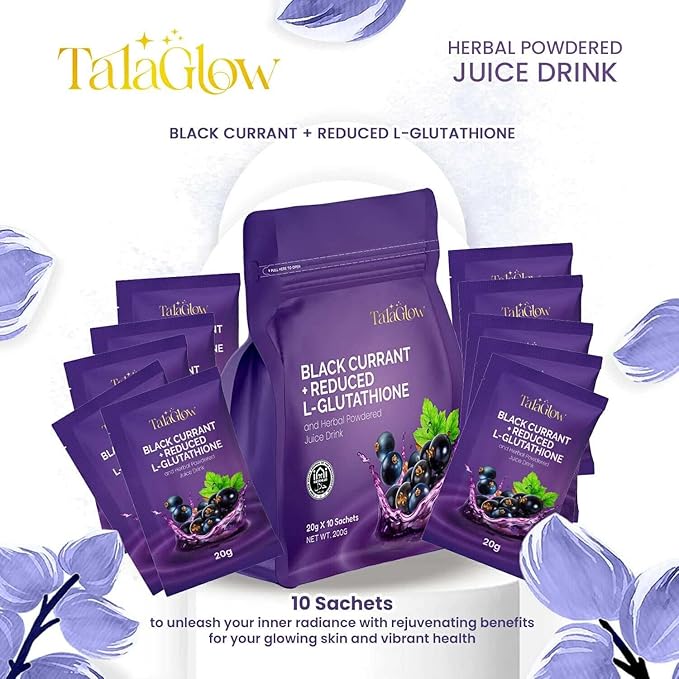 TalaGlow BLACK CURRANT + REDUCED L-GLUTATHIONE and Herbal Powdered Juice Drink 10 Sachets x 20g