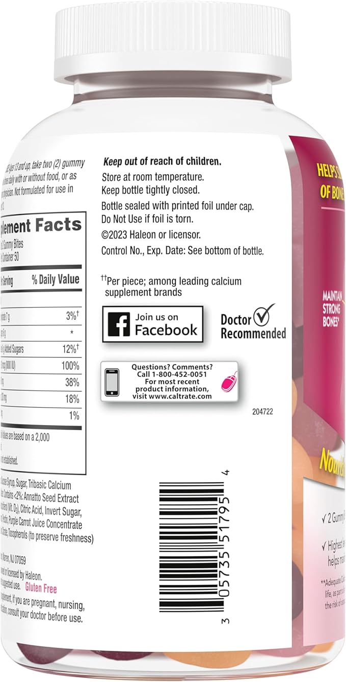 Caltrate Gummy Bites 500 mg Calcium and Vitamin D Supplement Black Cherry Strawberry Orange - 100 Count