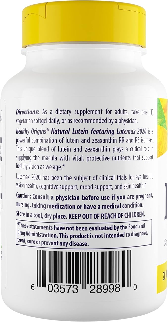 Healthy Origins Lutein 20 mg (Lutemax 2020 with Zeaxanthin Non-GMO Vegan Eye Support) 180 Veggie Gels