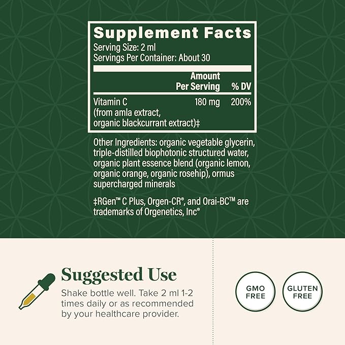Global Healing Center USDA Organic Vitamin C Supplement Drops 180mg Liquid Vitamin C Plant-Based Antioxidant Supplement Supports Immune System - Vitamina C - Natural Energy for Men and Women (2 Oz)