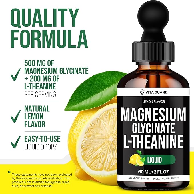 Vita Guard Magnesium Glycinate Liquid Drops 500mg – Liquid Magnesium Supplement with L-Theanine 200mg – Sleep Calm Stress Relief Muscle &amp Nerve Health – Gluten Free No Sugar Vegan 2 Fl Oz