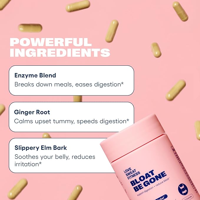 Love Sweat Fitness Bloat Be Gone | Bloating Relief for Women | Debloat &amp Digestive Enzyme Supplement for Gas &amp Gut Health | Herbal Blend with Ginger Turmeric &amp Peppermint | 60 Vegan Capsu