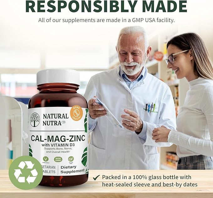 Natural Nutra Calcium Magnesium Zinc (Cal-Mag Zinc) Supplement with Vitamin D3 for Bone Strength Helps Improve Digestion Health Gluten Free and Sugar Free Essential Mineral Complex (100 Count)