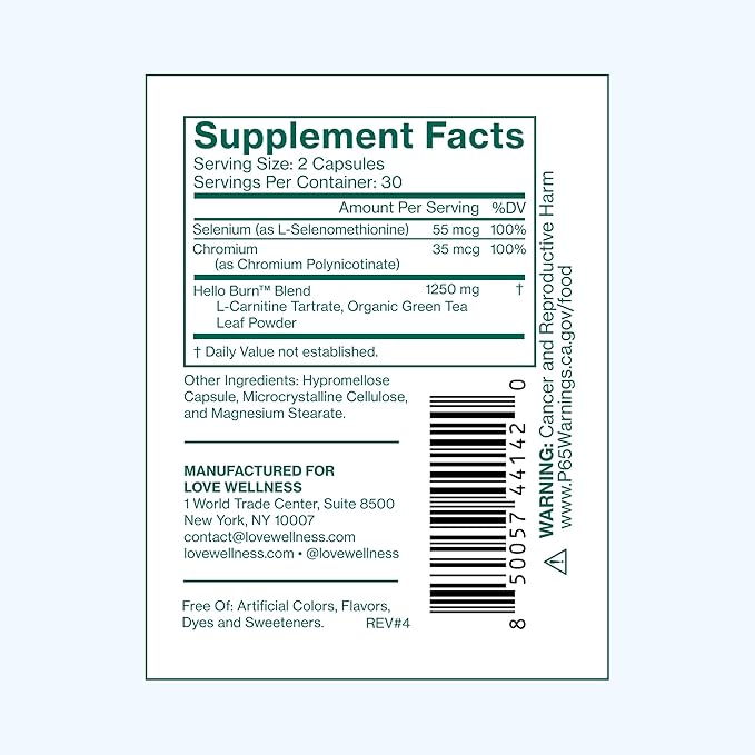 Love Wellness Hello Burn Balance | Metabolism Booster for Women | Supports Energy Cravings Control &amp Thyroid Support with Selenium &amp Green Tea | Non-GMO Gluten-Free &amp Vegan | 60 CT