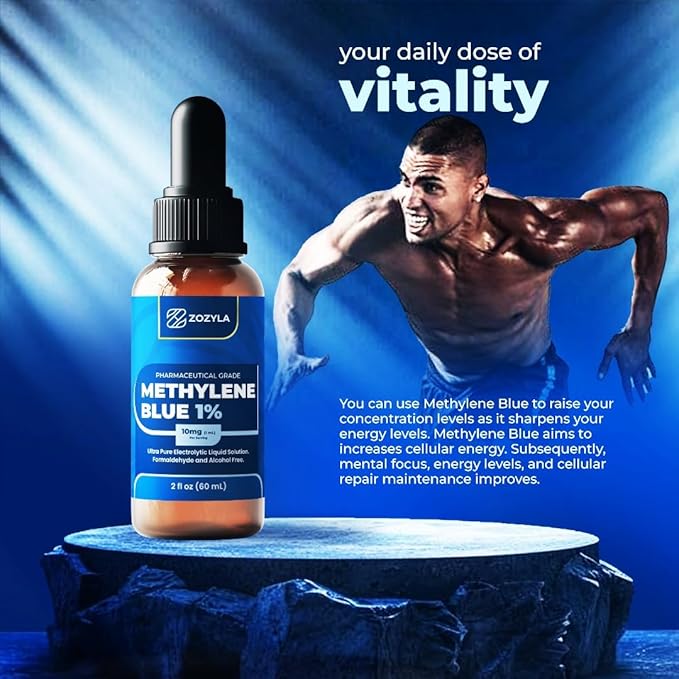 Methylene Blue 1% - Enhanced Liquid Solution for Increased Absorption - Pharmaceutical Grade 99.99% USP Grade No Formaldehyde No Alcohol No Gluten (2 Oz)