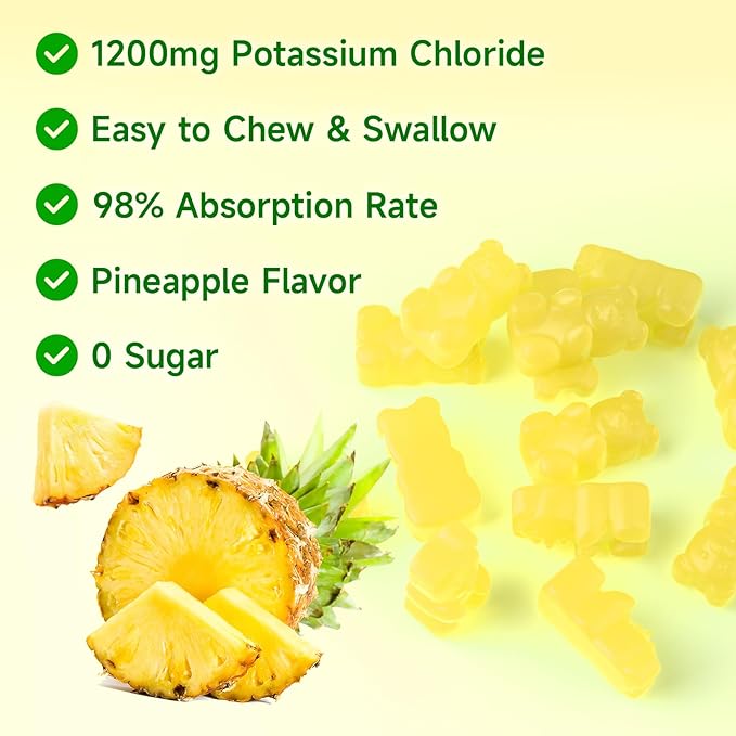 softbear Potassium Chloride Gummies 1200mg Sugar-Free Potassium Gummies for Adults Support Leg Cramps High Potency Potassium Chloride Supplement Pineapple Flavor 120 Count