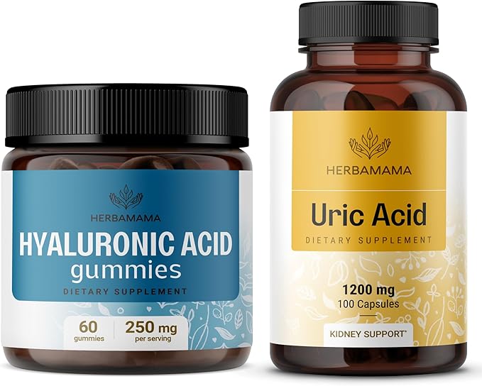 HERBAMAMA Hyaluronic Acid and Uric Acid Support Kit - Bundle of 250mg Hyaluronic Acid Gummies &amp 1200mg Uric Acid Support Capsules - Vegan Non-GMO - 2 Pack