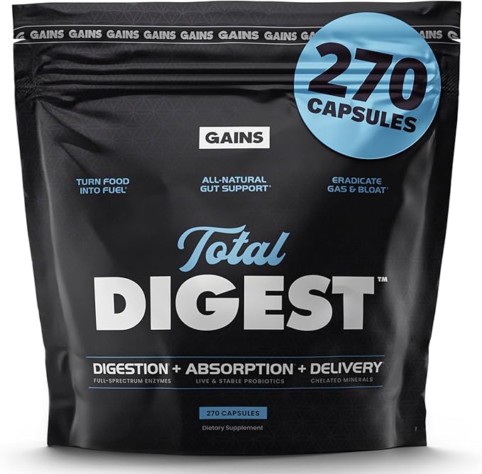 Gains in Bulk Total Digest Digestive Enzymes Prebiotics and Probiotics for Digestive Health Bloating Support Gut Health for Women and Men Promotes Protein Carb and Fat Digestion 270 Capsules