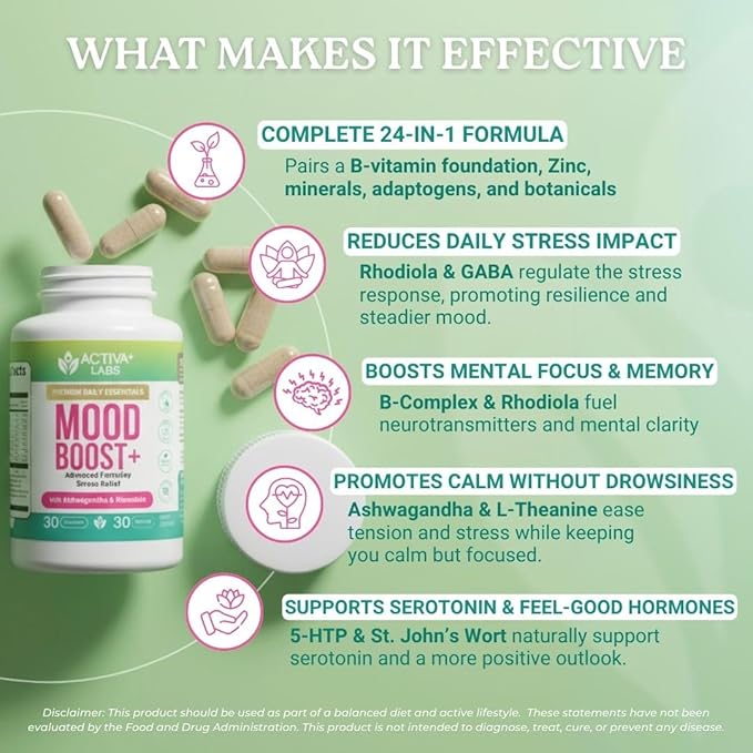 Mood Boost | 24-in-1 B-Complex &amp Zinc | Calm Support &amp Stress Relief Supplement with Ashwagandha L-Theanine &amp GABA | Natural Mood Energy &amp Resilience | Non-GMO Vegan | 90 Day Supply
