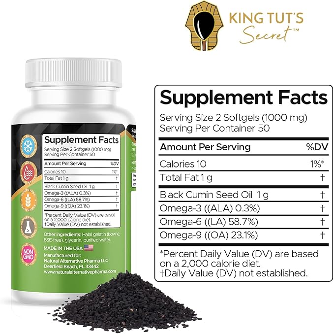 KING TUT'S SECRET Black Seed Capsules - 500 mg 100 Softgels - Nigella Sativa Extract Black Cumin Supplement for Hair Antioxidant Support Immune System - Halal Black Seed Cumin Oil Capsules