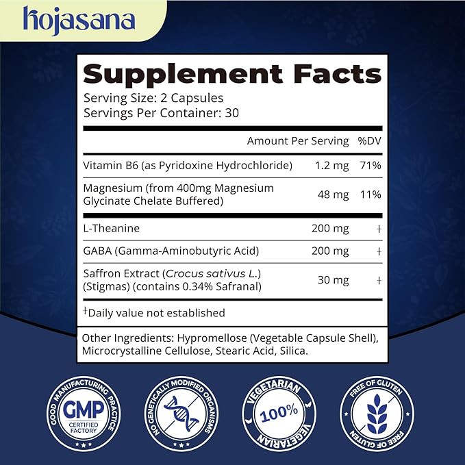 L Theanine 200mg with Saffron GABA Magnesium Glycinate &amp Vitamin B6 L-Theanine Supplement Advanced Complex Formula for Mood Relaxation &amp Stress Relief &amp Sleep Support 60 Vegan Capsules
