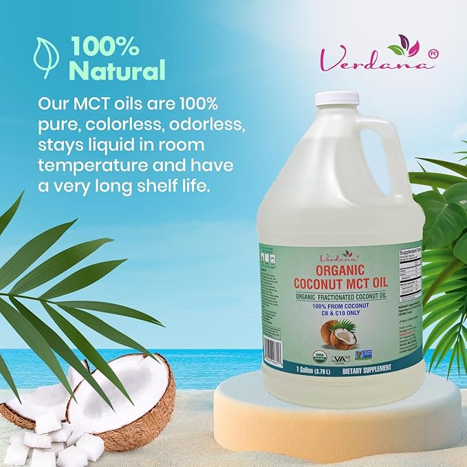 Verdana USDA Certified Organic Coconut MCT Oil –Fractionated Coconut Oil – No Palm Kernel Used – Kosher Food Grade Non-GMO – Great for Keto and Paleo Diets – 1Gallon