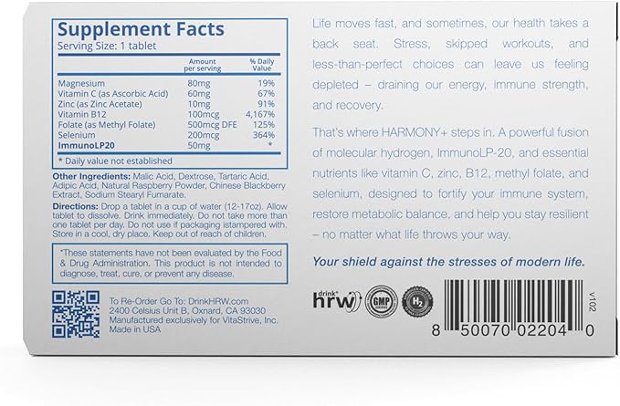 DRINK HRW Harmony+ Advanced Molecular Hydrogen Water + Immune Support: Up to 3X More Active Hydrogen ImmunoLP20 Postbiotics Plus VIT C Zinc B12 for Immune and Cellular Health (Raspberry 30 count)