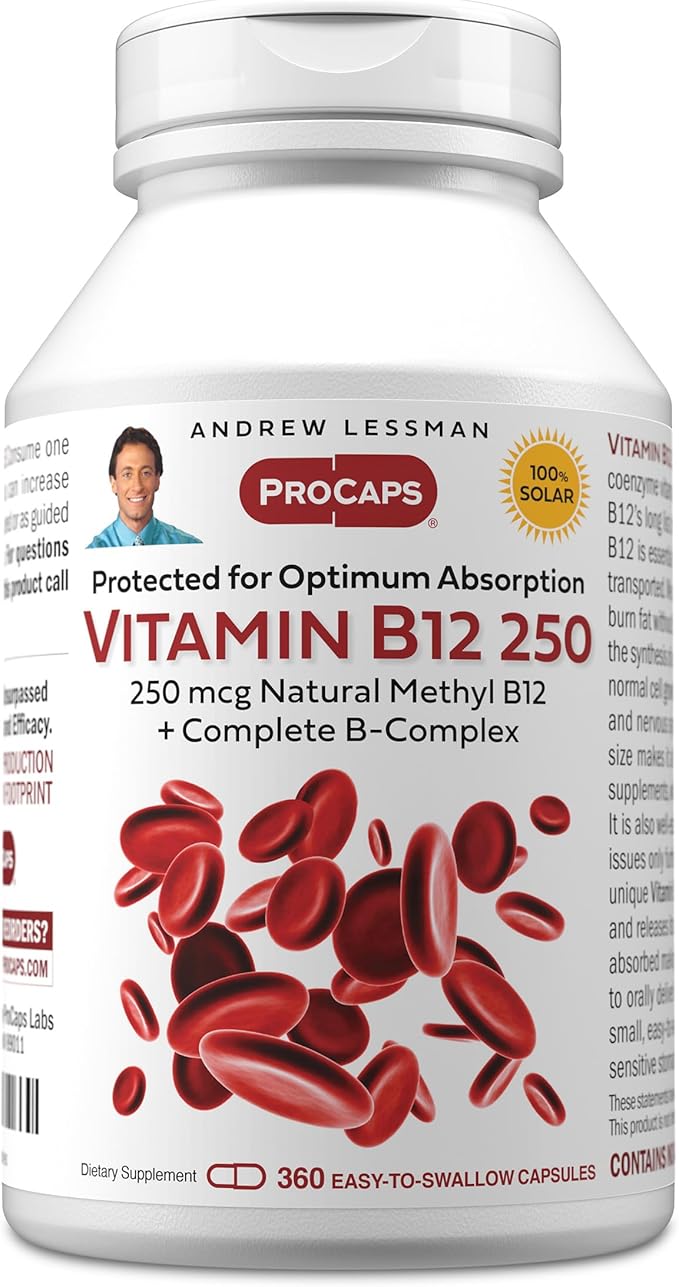 ANDREW LESSMAN Vitamin B12 250 360 Capsules - Absorption-Protected Methylcobalamin (Natural Coenzyme Vitamin B12) Essential for Energy and Stress Support Plus B-Complex Easy to Swallow Capsules
