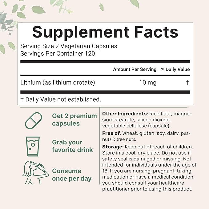 Lithium Orotate 10mg 240 Veggie Capsules | 5mg Per Capsules | High Bioavailability Trace Mineral | Healthy Aging Brain Supplement &amp Mood Support | Non-GMO Gluten Free