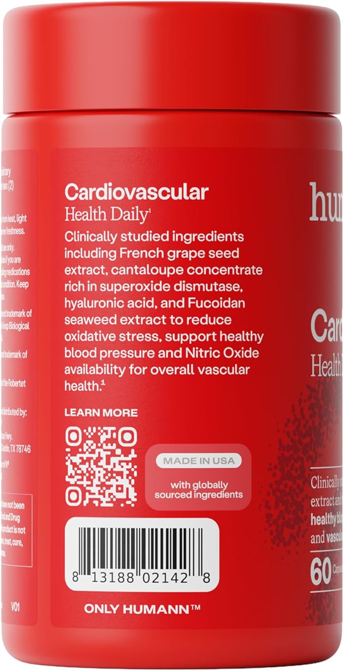 Humann Cardiovascular Health Daily 4-in-1 Vascular &amp Blood Pressure Support Grape Seed Extract Capsules &amp Hyaluronic Acid Circulation Supplements Plant-Based Non-GMO 60 Capsules