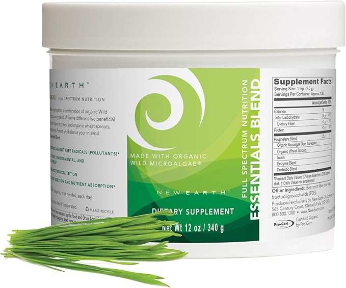 New Earth Essentials Blend Full-Spectrum Nutrition Powder with Probiotics &amp Enzymes | Organic Wild Microalgae Digestive Support Daily Energy &amp Nutrient Absorption | Vegan GMO-Free