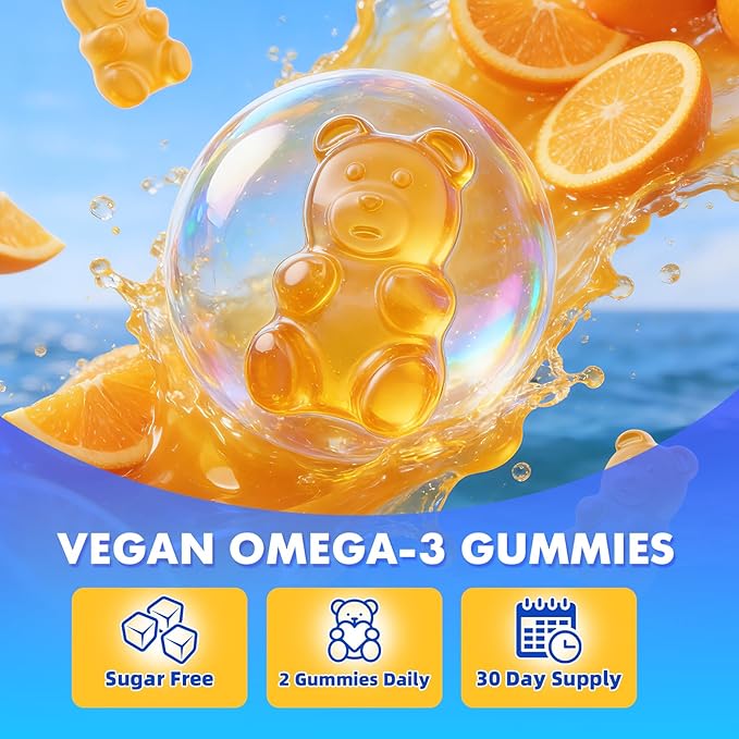 2 Pack Vegan Omega-3 Gummies - 1600mg with 600mg EPA &amp 400mg DHA. High Absorption Formula. Delicious Orange Flavor - 120 Gummies