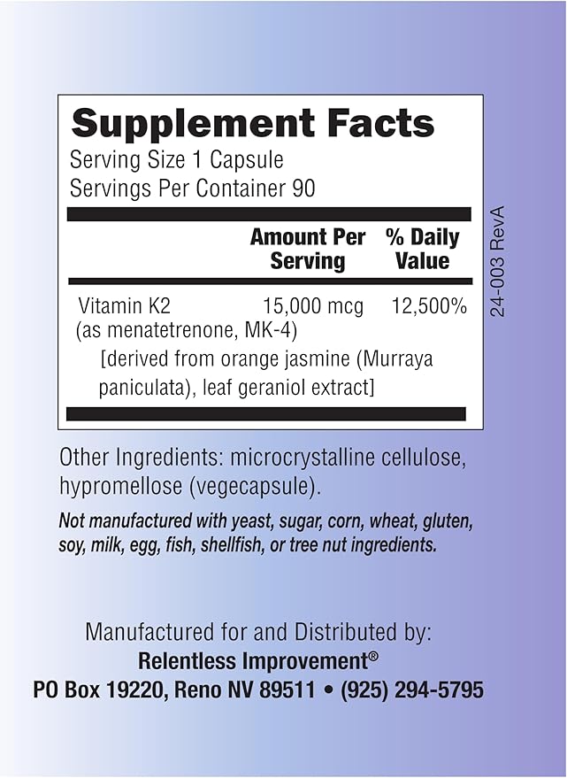 Natural Vitamin K2 MK4 - High-Potency 15000mcg Supports Bone and Arterial Health Soy-Free Vegi-Capsules