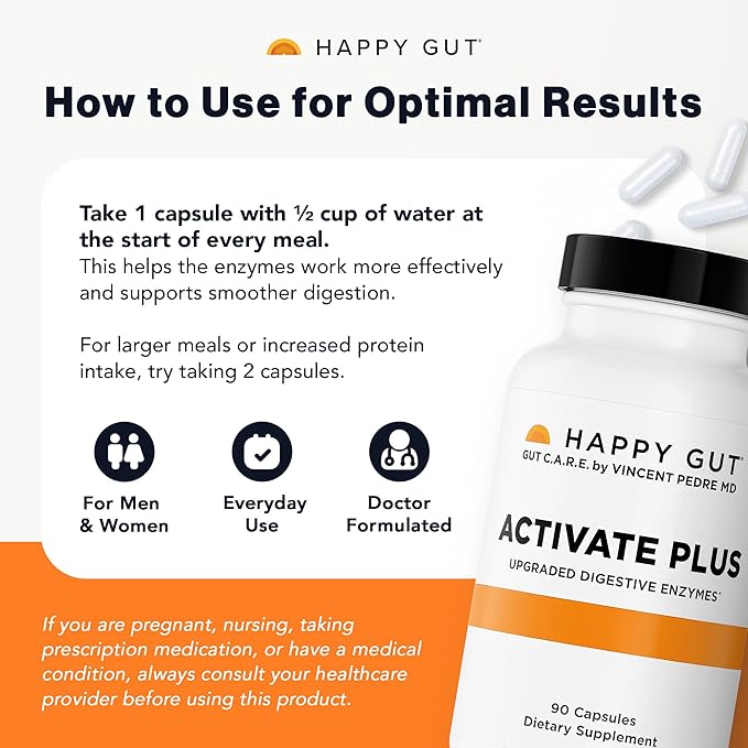 HAPPY GUT Activate Plus – Doctor-Formulated Digestive Enzymes for Women &amp Men - Supports Digestion Gut Balance and Energy – 90 Capsules