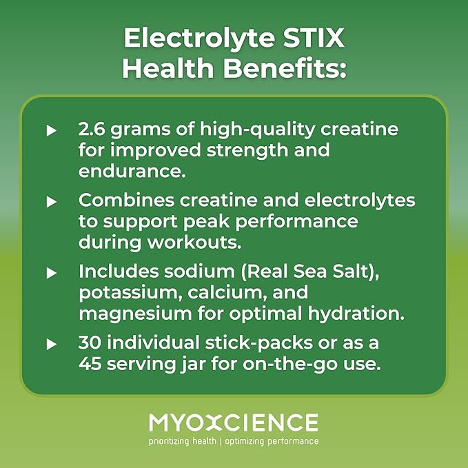 MYOXCIENCE Electrolyte STIX | Creatine Electrolyte Powder | Recovery from Exercise &amp Muscle Development w/Real Salt (Lemon Lime Flavor) (Jar 45 ct)