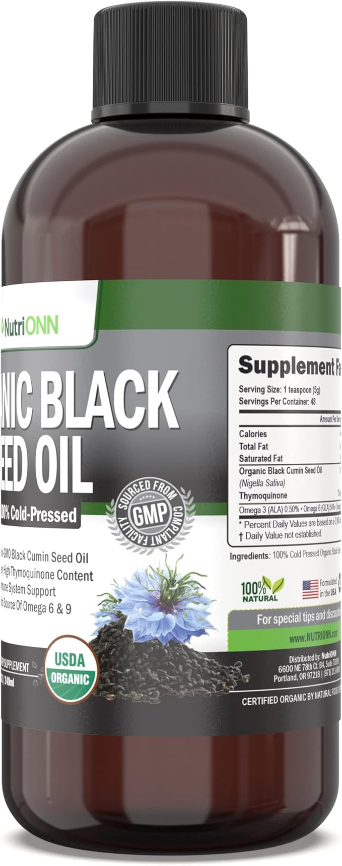 Organic Black Seed Oil - USDA Certified Organic Black Cumin Seed Oil Liquid – High Thymoquinone Content – Non-GMO and Cold-Pressed – Rich Source of Omega-6 &amp Omega-9 Fatty Acids - 8 Oz