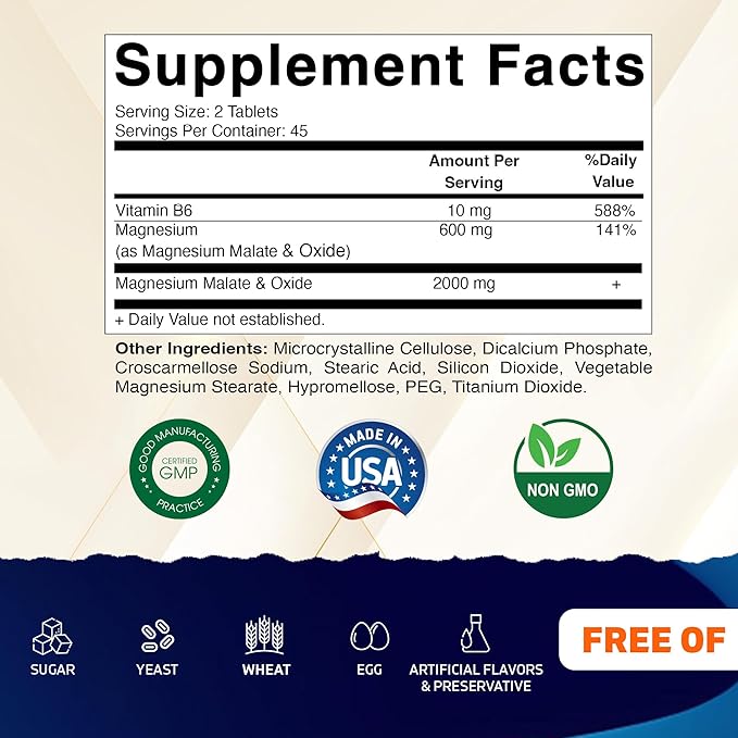 Vitamatic Magnesium Malate 2000mg per Serving - 90 Vegetarian Tablets - Added B6 for Maximum Absorption - Supports Muscle Joint and Heart Health* (3 Bottles Unflavored)