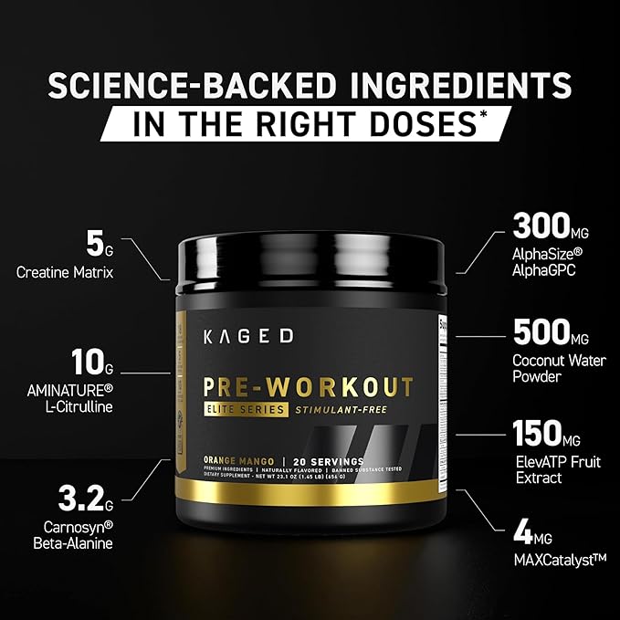 Kaged Pre Workout Elite Stim Free Powder | Orange Mango | Creatine Beta Alanine L-Citrulline | No Caffeine | 20 Servings