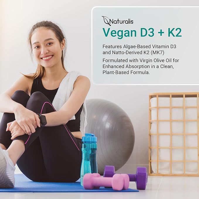 Naturalis Vegan Vitamin D3+K2 from Algae | 5000 IU D3 with 120mcg MK7 | Vegan Society CertifiedSustainably SourcedBetter Than Animal Derived | Better Support for Bone &amp Immune Health* | 180 Soft
