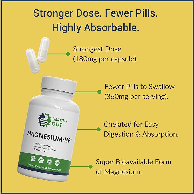 Healthy Gut Magnesium-HP | Ultra Pure Magnesium Glycinate Capsules with Zero Fillers | 180 mg Magnesium Glycinate | 90 Servings