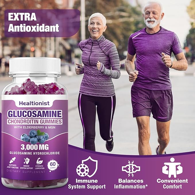 2 Packs 3000mg Glucosamine Chondroitin Gummies with MSM &amp Elderberry - Extra Strength Joint Health Flexibility Antioxidant Immune Support Supplement Gummy for Adults Men &amp Women 120 Cts