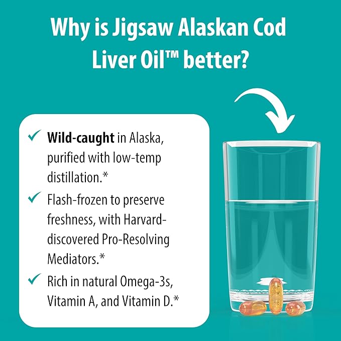 Jigsaw Health Alaskan Cod Liver Oil | 900 mg Omega-3s with EPA DHA and DPA | Includes Naturally Occuring Vitamins A &amp D | 180 Softgels | 60 Servings
