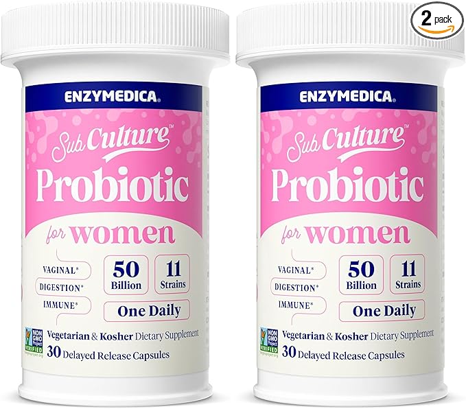 Enzymedica SubCulture Probiotics for Women 50 Billion CFU Vaginal &amp Urinary Health Immune and Digestive Support 30 Capsules Pack of 2