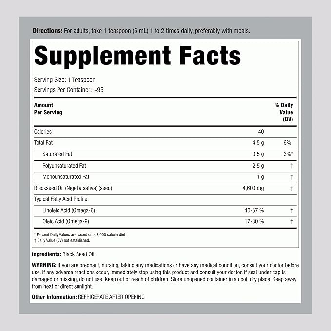 Piping Rock Black Seed Oil Liquid | 16 Ounces | with Omega 6 &amp 9 | Cold Pressed Solvent Free Supplement | Vegetarian Non-GMO Gluten Free Formula