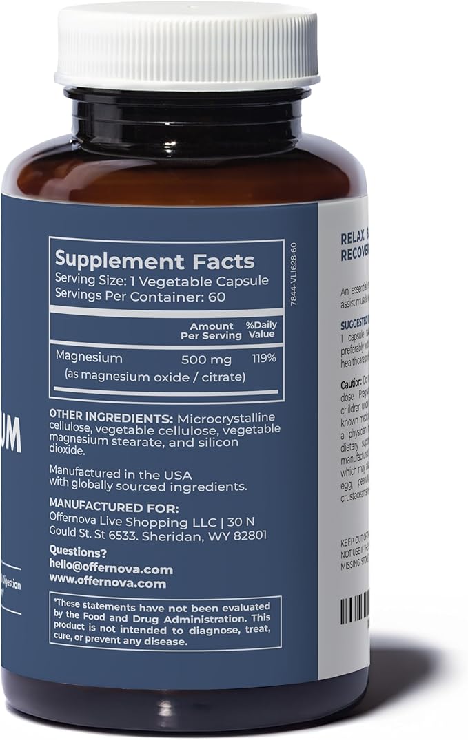 Offernova Magnesium Ultra - High Absorption 500mg Vegan Magnesium Citrate &amp Oxide Complex - Boost Sleep Digestion &amp Muscle Health for Men &amp Women – Constipation Relief - Citrato de Magnes