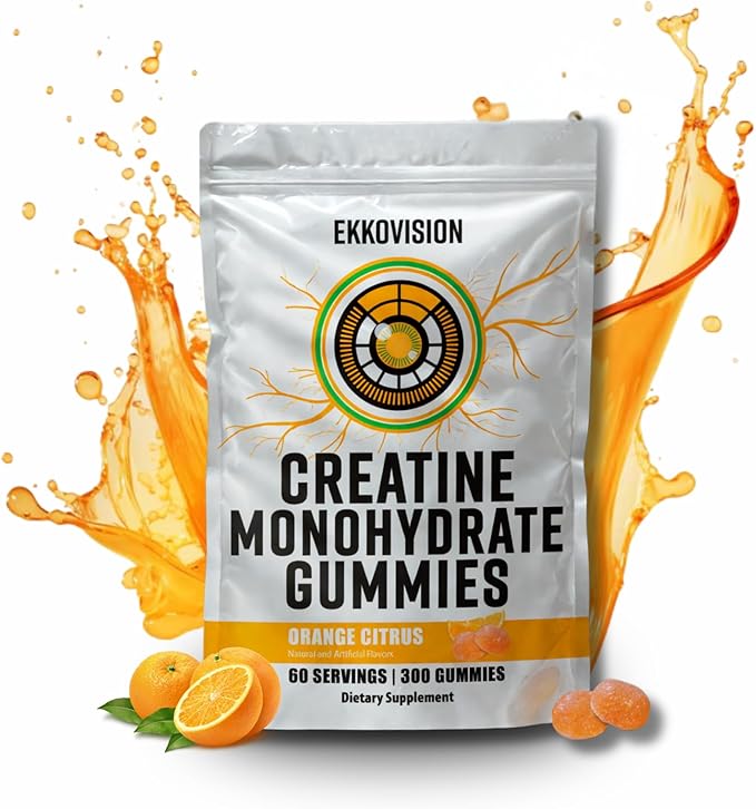 Ekkovision Creatine Monohydrate Gummies for Men and Women Orange Citrus Flavor Sugar Free Creatine Gummies for Pre Workout Muscle Strength and Recovery Vegan &amp Travel Friendly 300 Ct 60 Serv