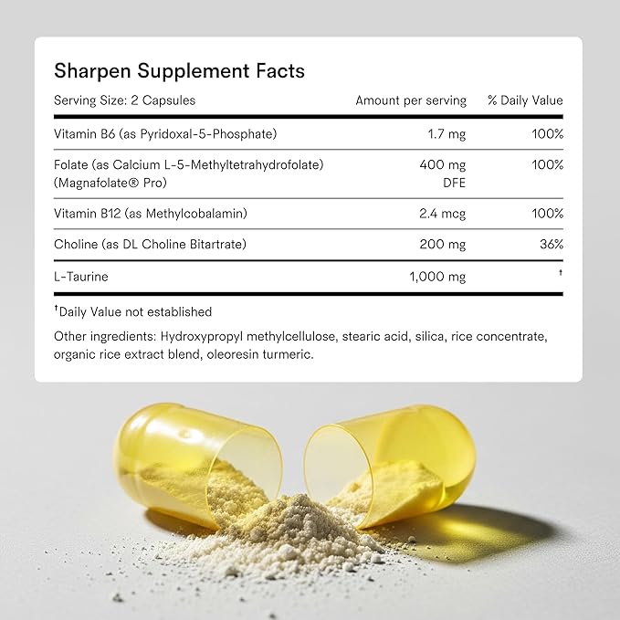 Tally Health Sharpen – Brain Supplement for Focus Memory &amp Long-Term Cognitive Support | 1000mg Taurine Choline &amp B-Complex | Vegan Non-GMO Nootropic for Cellular Brain Health