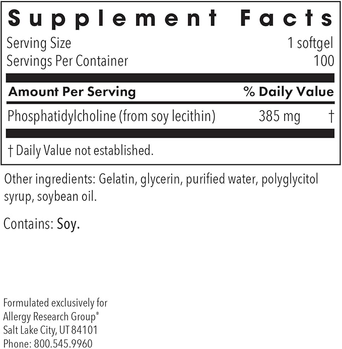 Allergy Research Group ARG Phosphatidyl Choline - 385 mg Phosphatidylcholine Lecithin - Brain Liver &amp Cell Membrane Support - Softgel Capsules - Soy-Based Supplement - 100 Servings - 100 Count