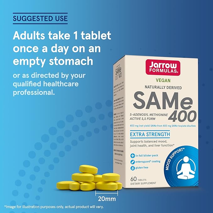 Jarrow Formulas SAMe Supplement 400 mg - 60 Tablets - High Concentration of Active SS Form - Supports Joint Health Liver Function Brain Metabolism Balanced Mood &amp Antioxidant Defense - 60 Serv