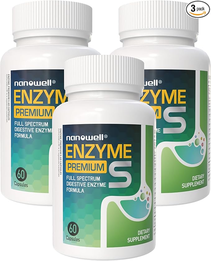 NANOWELL Enzyme Premium S Digestive Health Supplement Multi Enzymes Bromelain from Pineapple Papain from Papaya - 60 Capsules X 3 Bottles (180 Count)