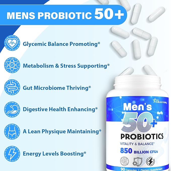 Probiotics for Men Advanced 50+ Mens Probiotic Comprehensive Gut &amp Energy Support with 850 Billion CFU 1800mg Prebiotics Fiber – Tailored Wellness Mens probiotics for Gut Health Over 50 360 Ca