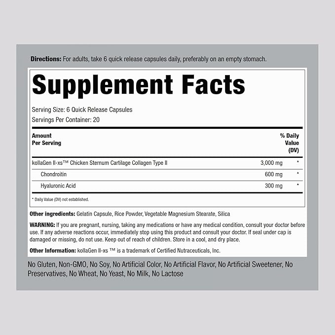 Piping Rock Chicken Sternum Type II Collagen Supplement | 3000mg | 120 Capsules | with Hyaluronic Acid | Non-GMO Gluten Free