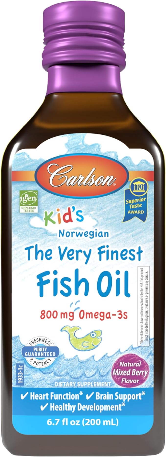 Carlson - Kid's The Very Finest Fish Oil 800 mg Omega-3s Liquid Fish Oil Supplement Norwegian Fish Oil Wild-Caught Sustainably Sourced  Mixed Berry 200 mL (6.7 Fl Oz)