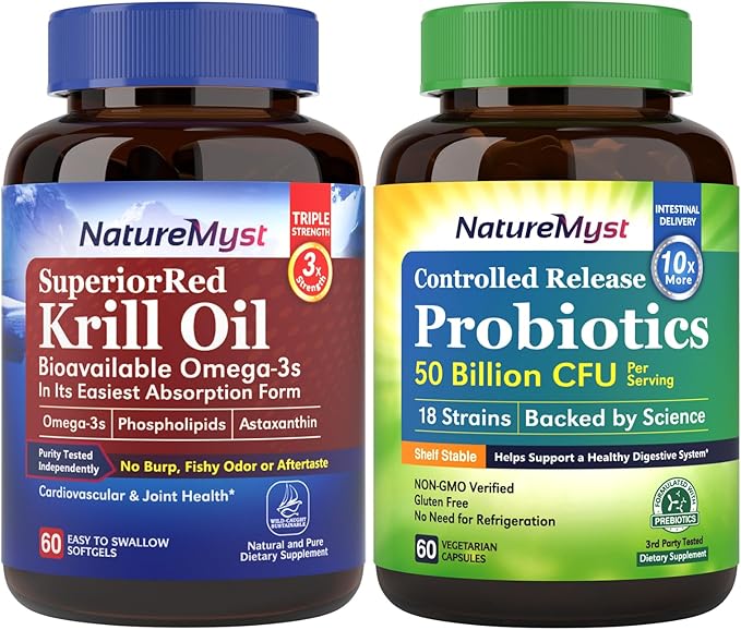 Krill Oil and Probiotics 50 Billion Bundle Professional Grade Non-GMO Heart Joint Gut Function &amp Immune Support