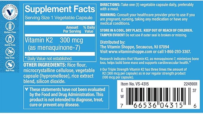The Vitamin Shoppe Vitamin K2 MK-7 300mcg Triple Strength - Bone &amp Heart Health | Menaquinone-7 | 120 Vegetable Capsules | High Potency