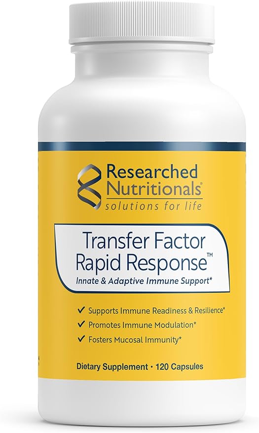 Researched Nutritionals Transfer Factor Rapid Response Immune Support Supplement - Colostrum Blend with Beta Glucan IP-6 &amp Lactoferrin Fast-Acting Innate &amp Adaptive Immune Modulation (120 Ca