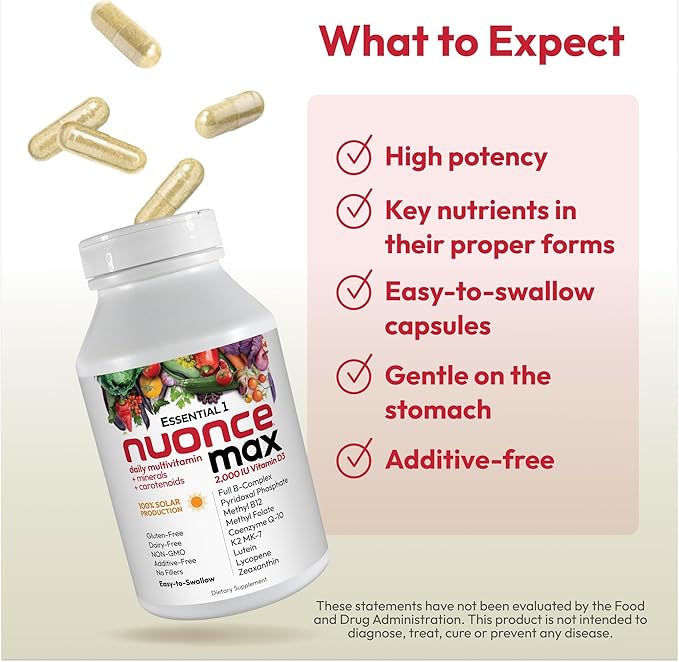 ANDREW LESSMAN Essential-1 nuonce max Multivitamin 2000 IU Vitamin D3 60 Small Capsules. 100 mcg Methyl B12. CoQ10 Lutein Lycopene Zeaxanthin. High Potency. No Additives. Ultra-Mild One Daily Capsule